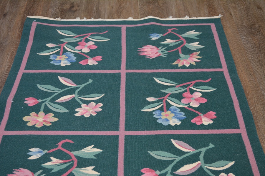 Kilim Style Flat Woven Eight Panel Botanical Wool Area Rug