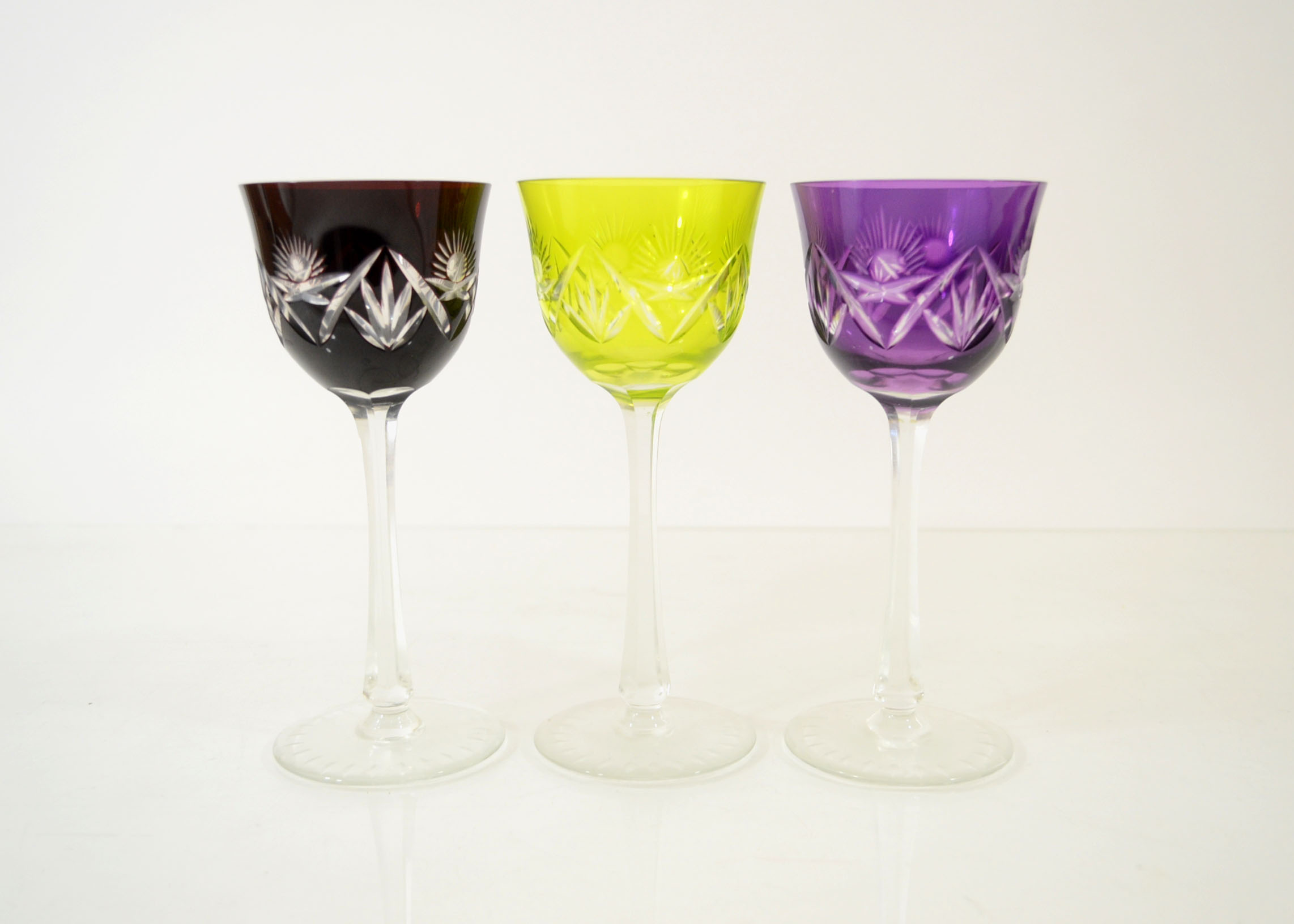 Trio of Colored Crystal Wine Glasses