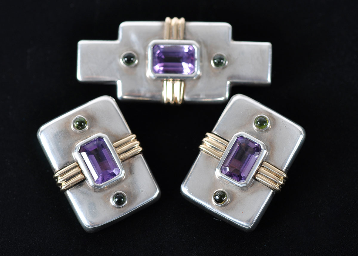 Sterling Silver on 14k Gold Earrings and Pin Set