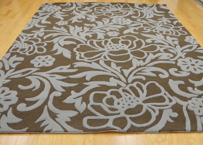 Acanthus Leaf Steel Blue and Mocha High/Low Wool Area Rug