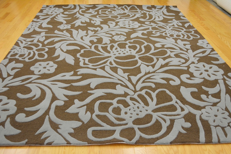 Acanthus Leaf Steel Blue and Mocha High/Low Wool Area Rug
