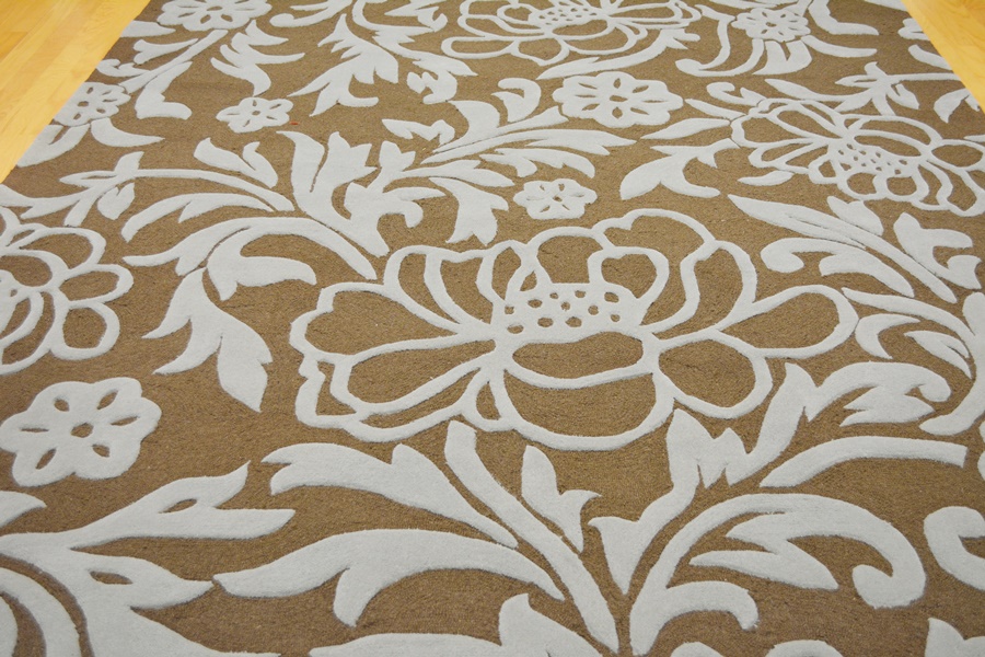 Acanthus Leaf Steel Blue and Mocha High/Low Wool Area Rug