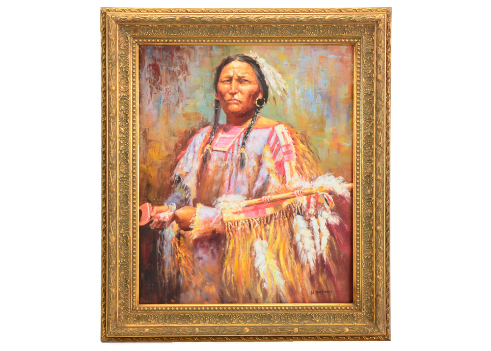 H. Hartmann Oil on Board Portrait of Native American
