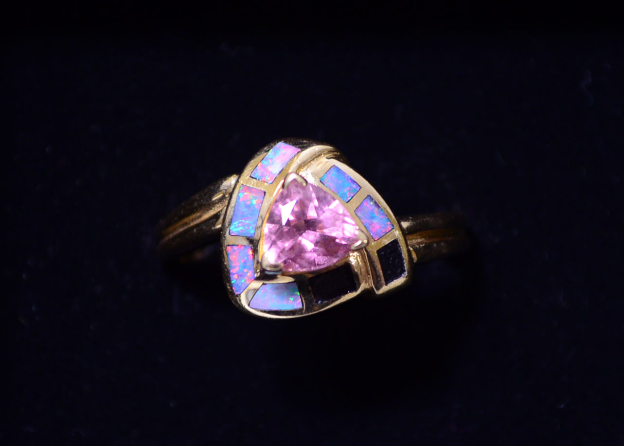14K Yellow Gold Pink Tourmaline and Opal Ring