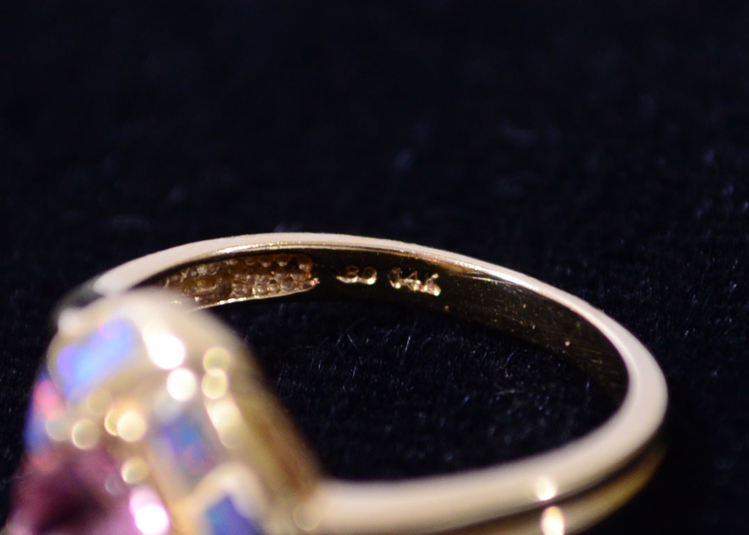 14K Yellow Gold Pink Tourmaline and Opal Ring