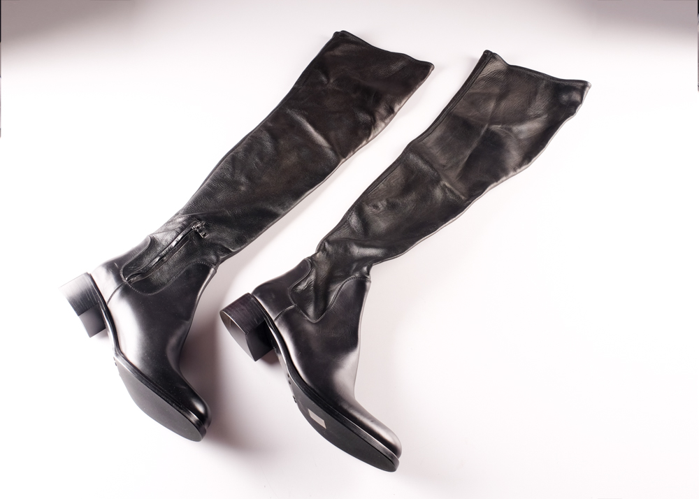 Prada Designer Black Stretch Leather Over The Knee Boot