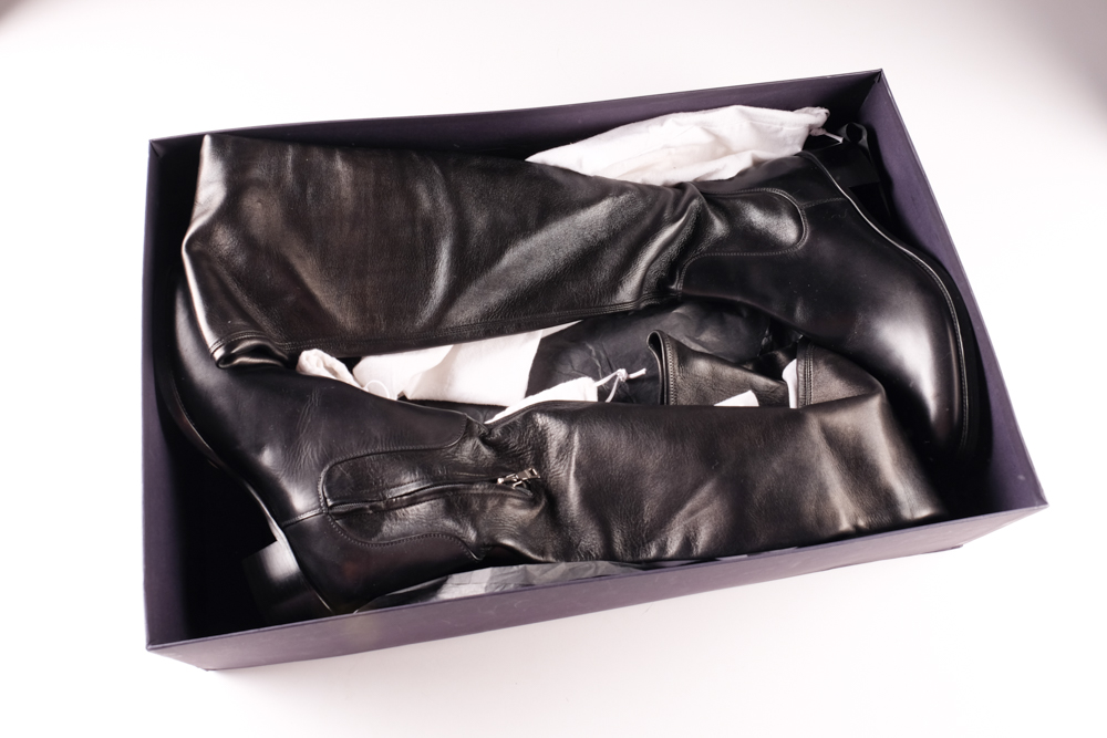 Prada Designer Black Stretch Leather Over The Knee Boot