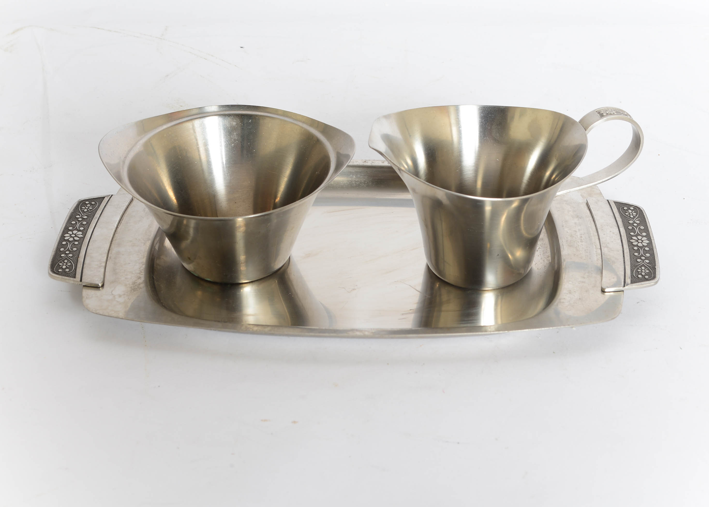 Vintage Three Piece Cordova Stainless Steel Sugar Creamer and Tra