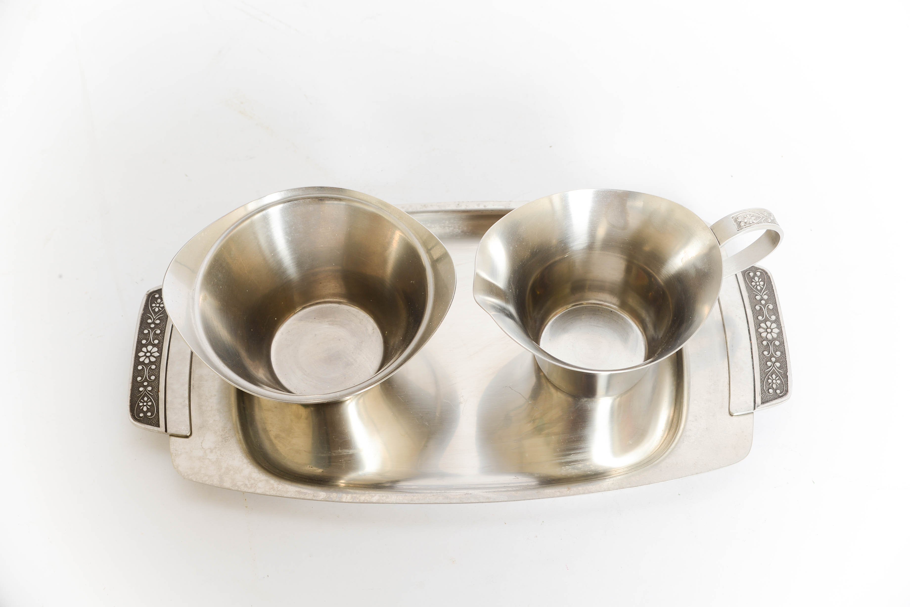 Vintage Three Piece Cordova Stainless Steel Sugar Creamer and Tra