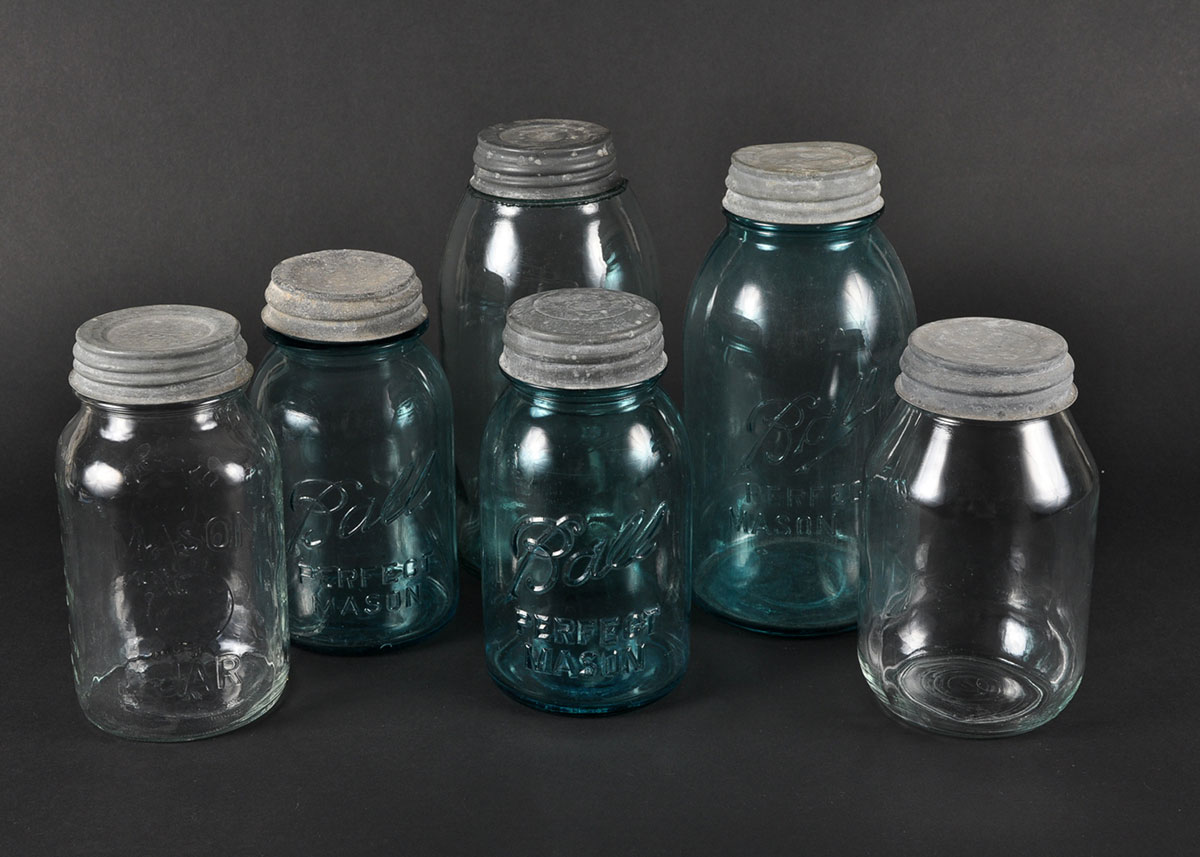 Collection of Vintage Blue Glass Mason Jars with Zinc Lids