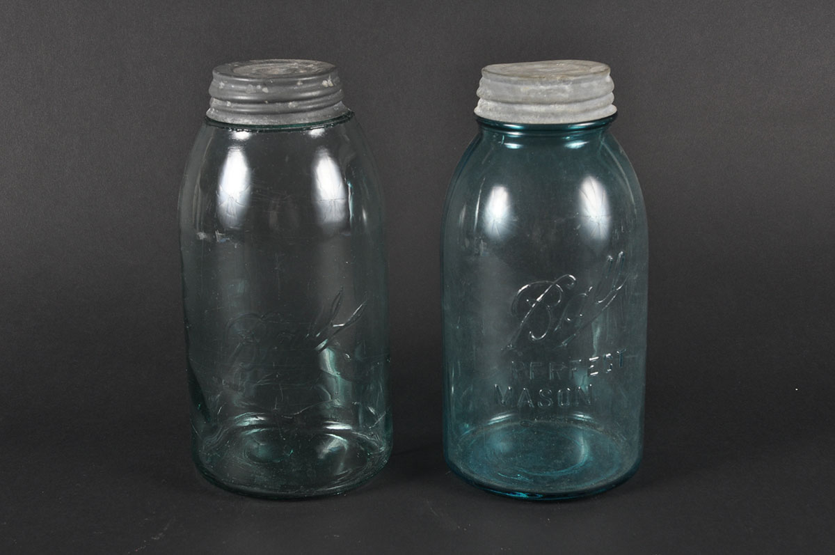 Collection of Vintage Blue Glass Mason Jars with Zinc Lids