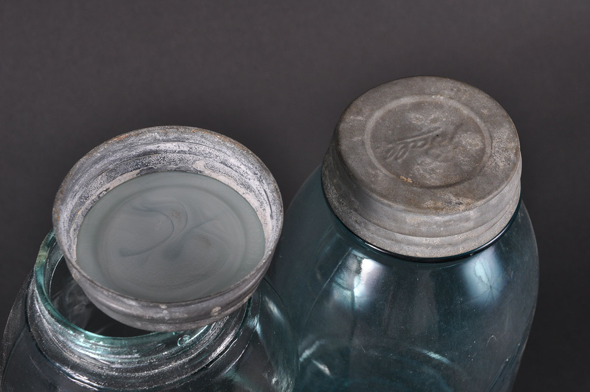 Collection of Vintage Blue Glass Mason Jars with Zinc Lids
