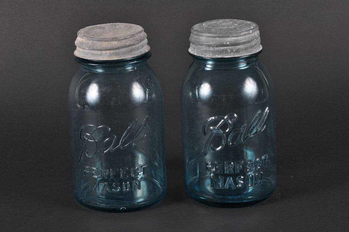 Collection of Vintage Blue Glass Mason Jars with Zinc Lids