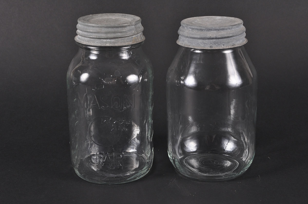 Collection of Vintage Blue Glass Mason Jars with Zinc Lids