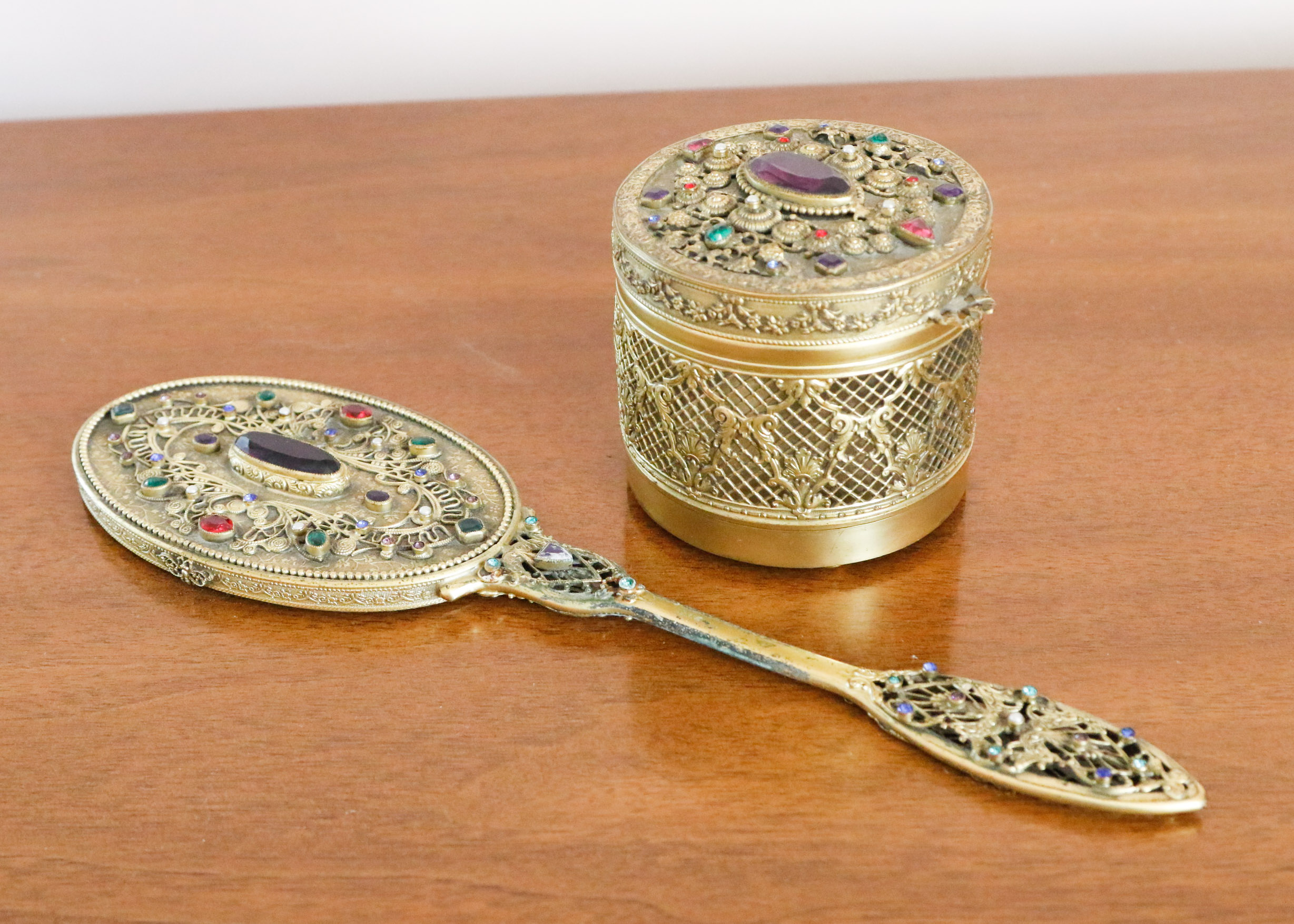 E & J B Empire Art Gold Ormolu Jeweled Vanity Set