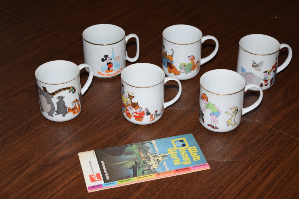 Vintage Walt Disney Mugs and 1972 Disney World Pamphlet