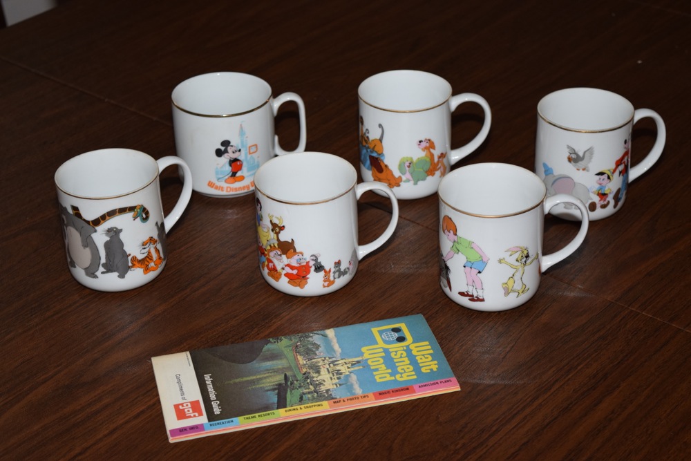 Vintage Walt Disney Mugs and 1972 Disney World Pamphlet