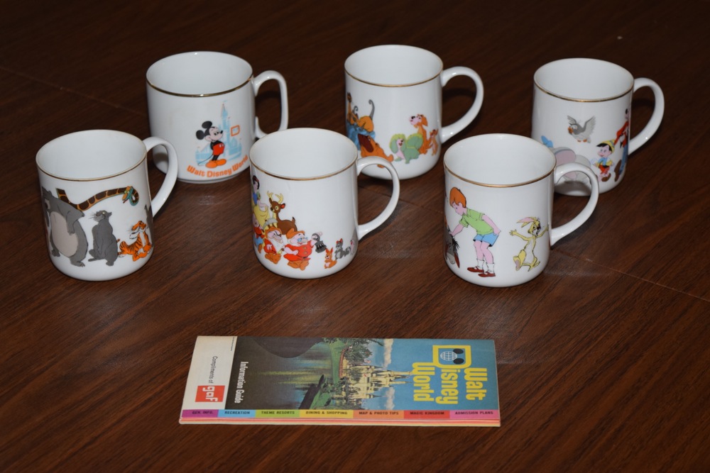Vintage Walt Disney Mugs and 1972 Disney World Pamphlet