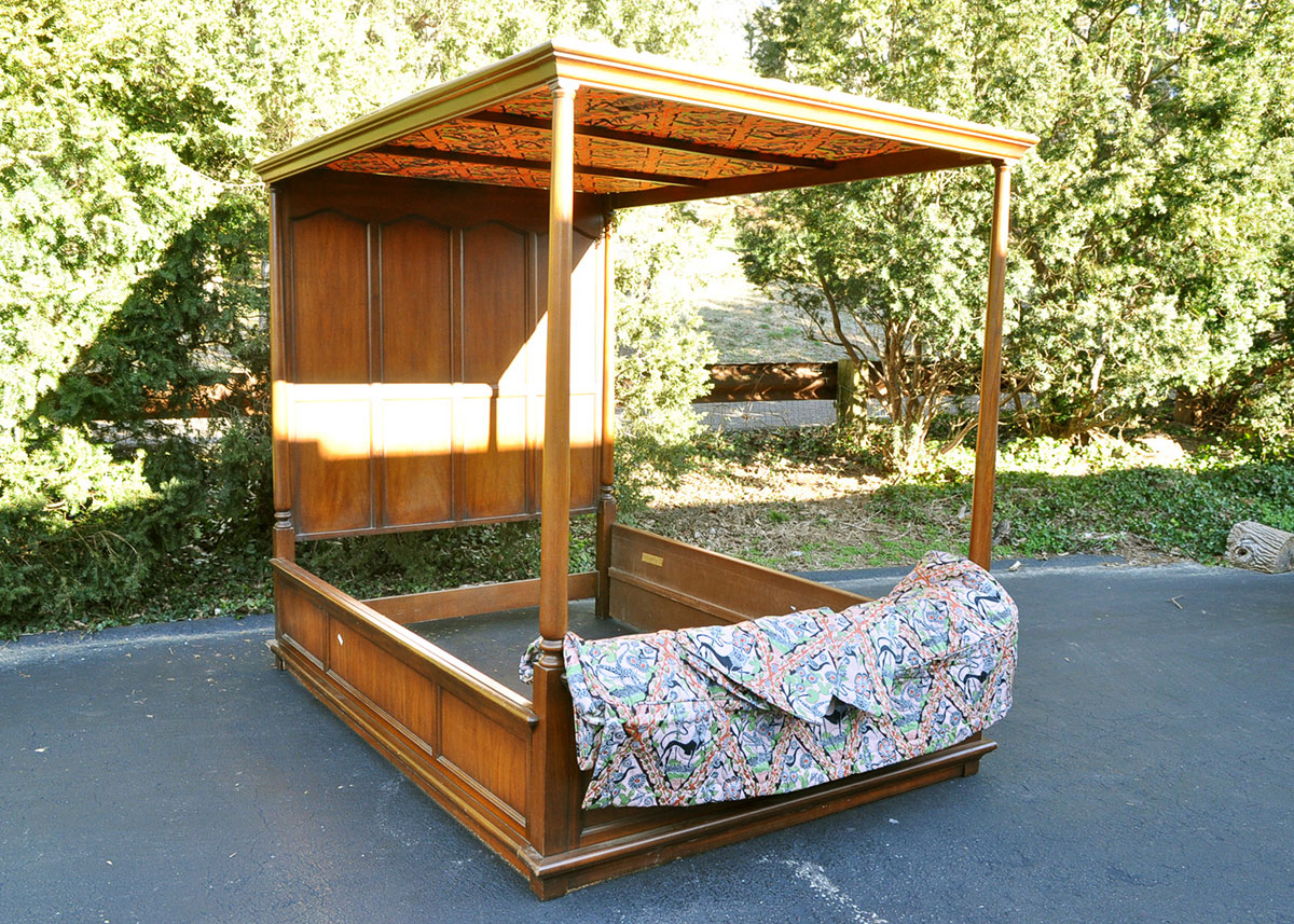 Walnut Paneled Four Post Bed with Custom Canopy and Linens