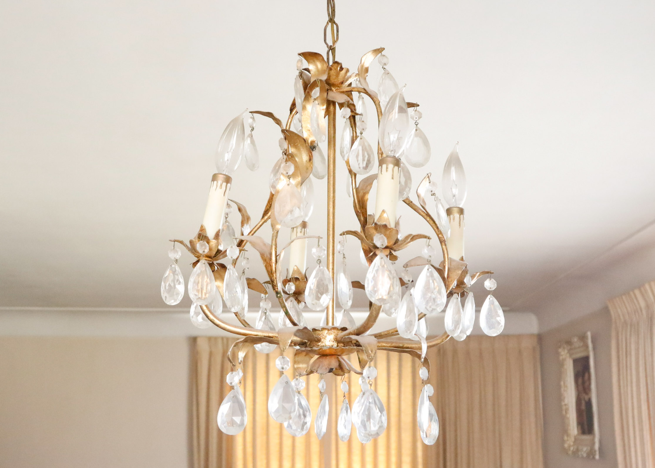 Gold Tone Foliate and Crystal Prism Chandelier