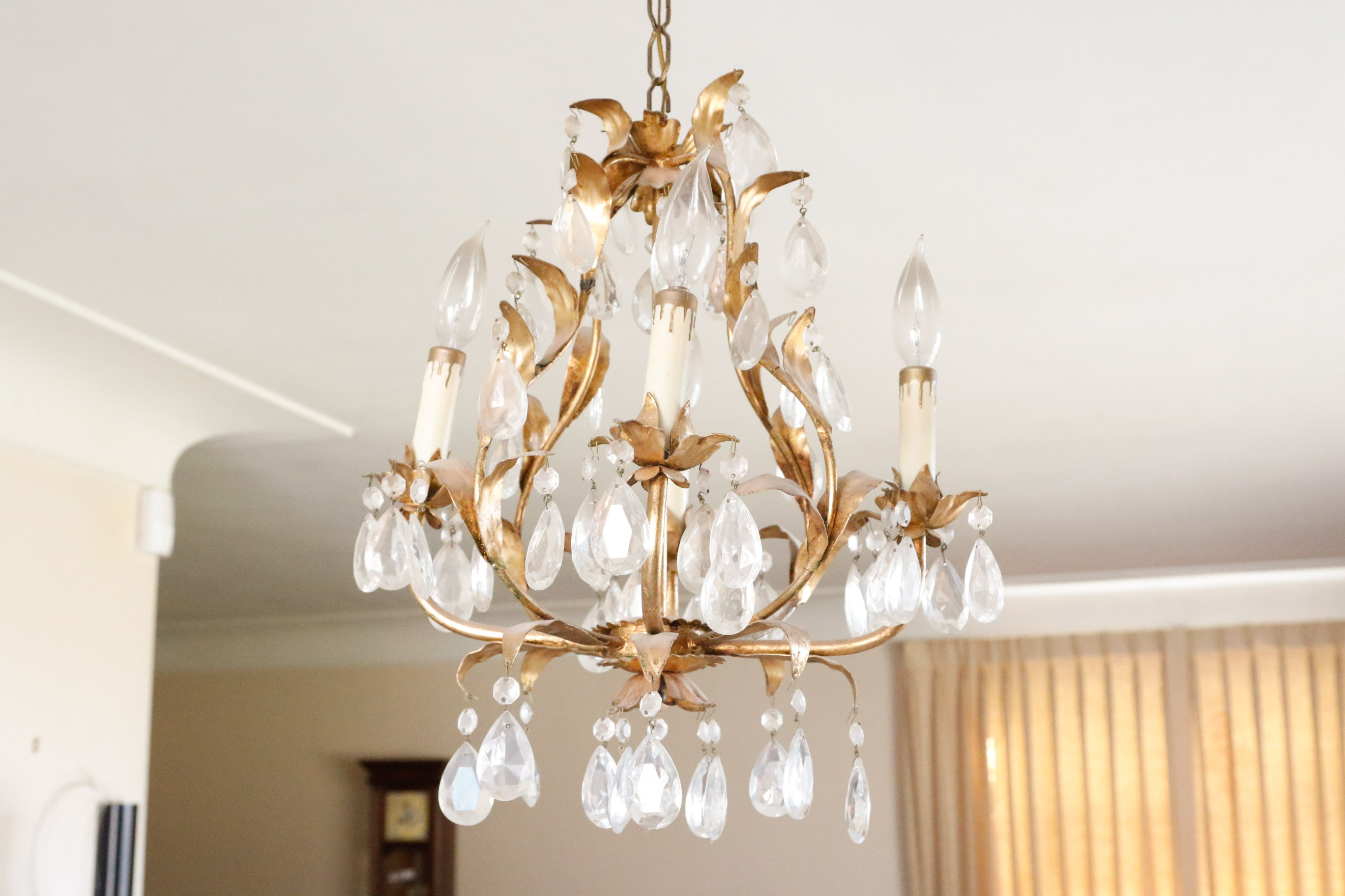 Gold Tone Foliate and Crystal Prism Chandelier