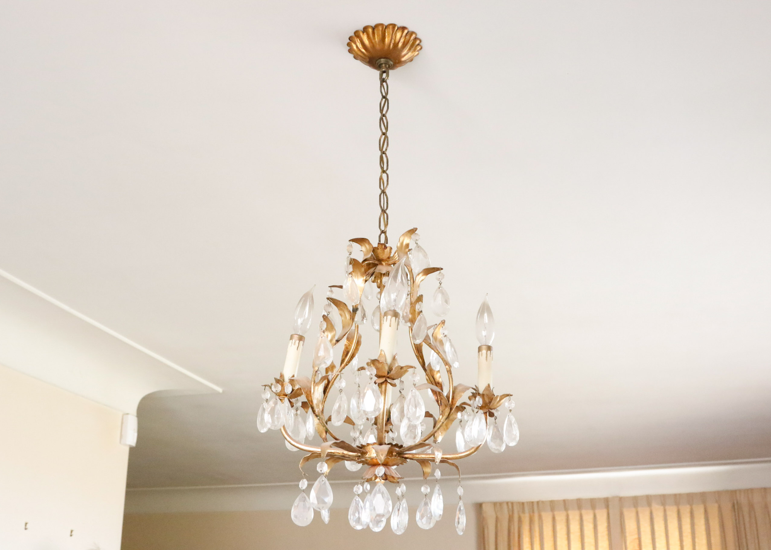 Gold Tone Foliate and Crystal Prism Chandelier