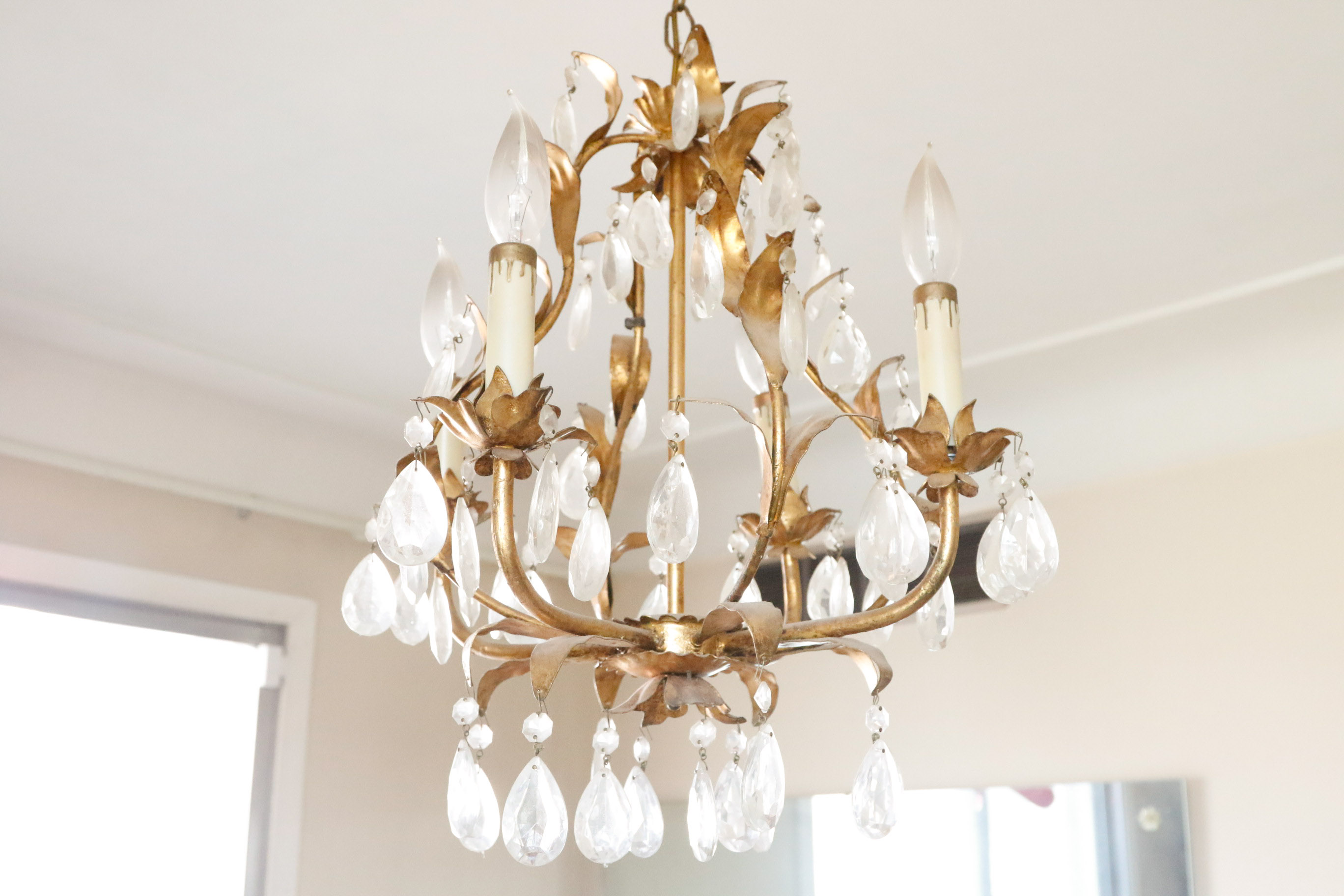 Gold Tone Foliate and Crystal Prism Chandelier