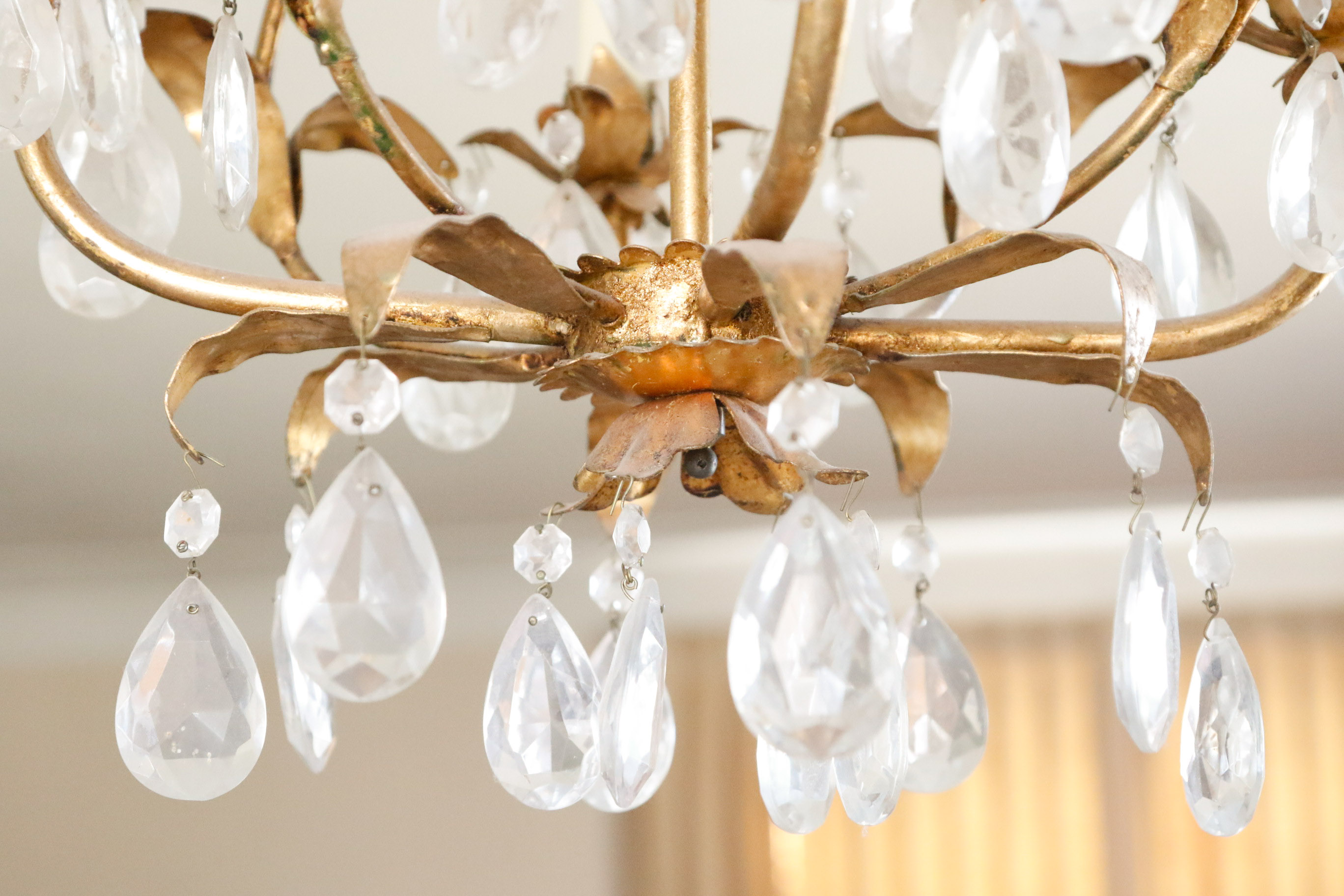 Gold Tone Foliate and Crystal Prism Chandelier