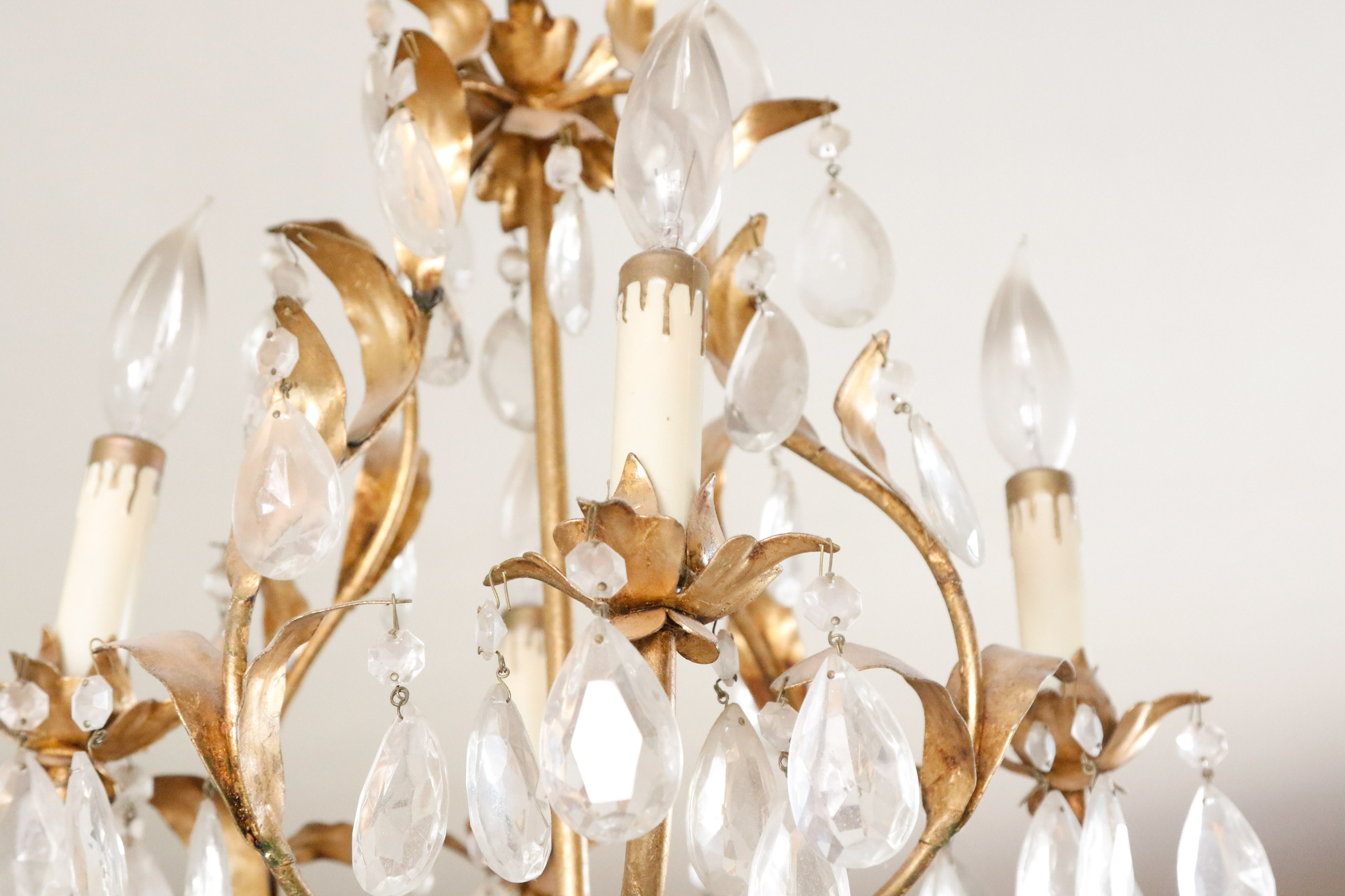 Gold Tone Foliate and Crystal Prism Chandelier