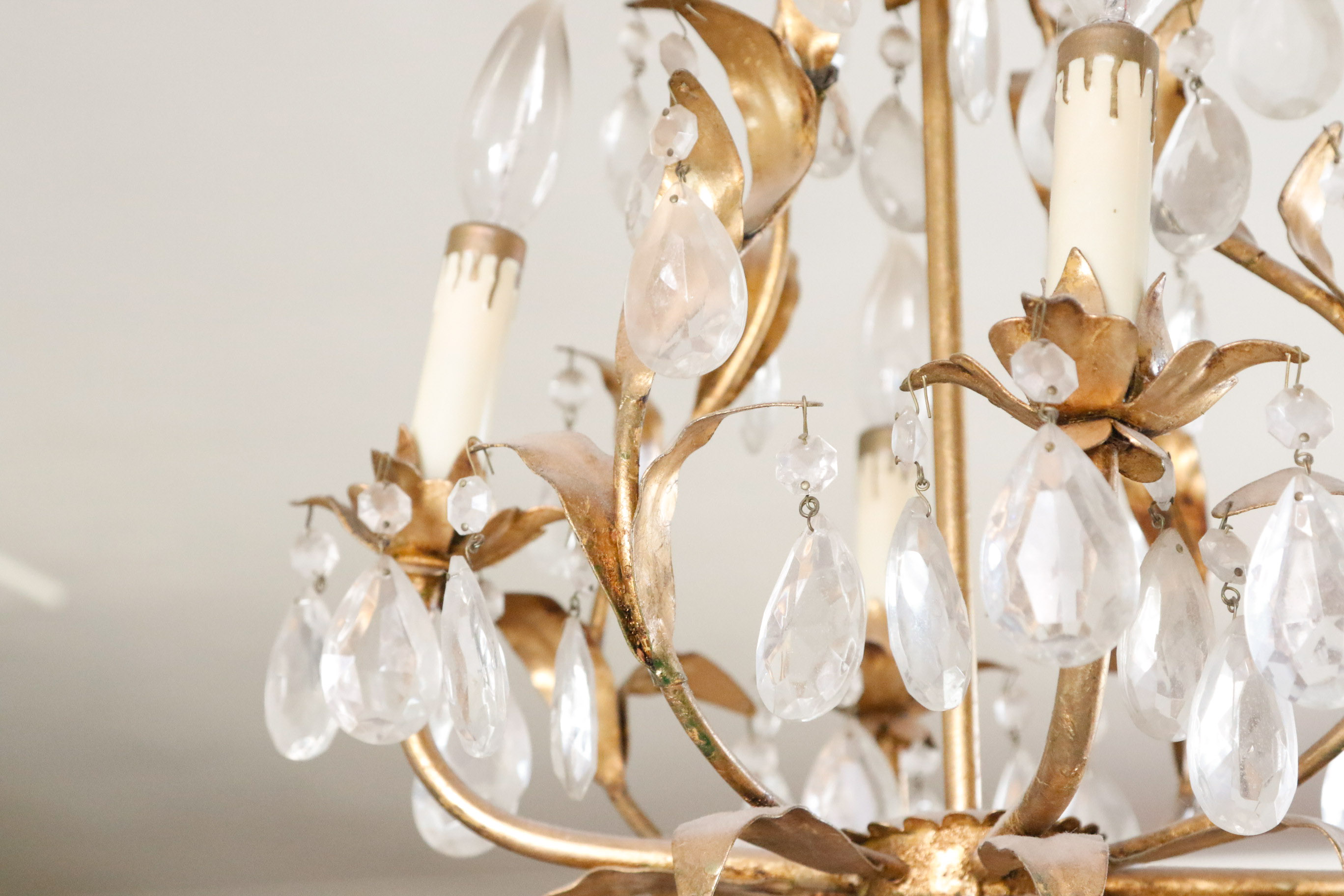 Gold Tone Foliate and Crystal Prism Chandelier