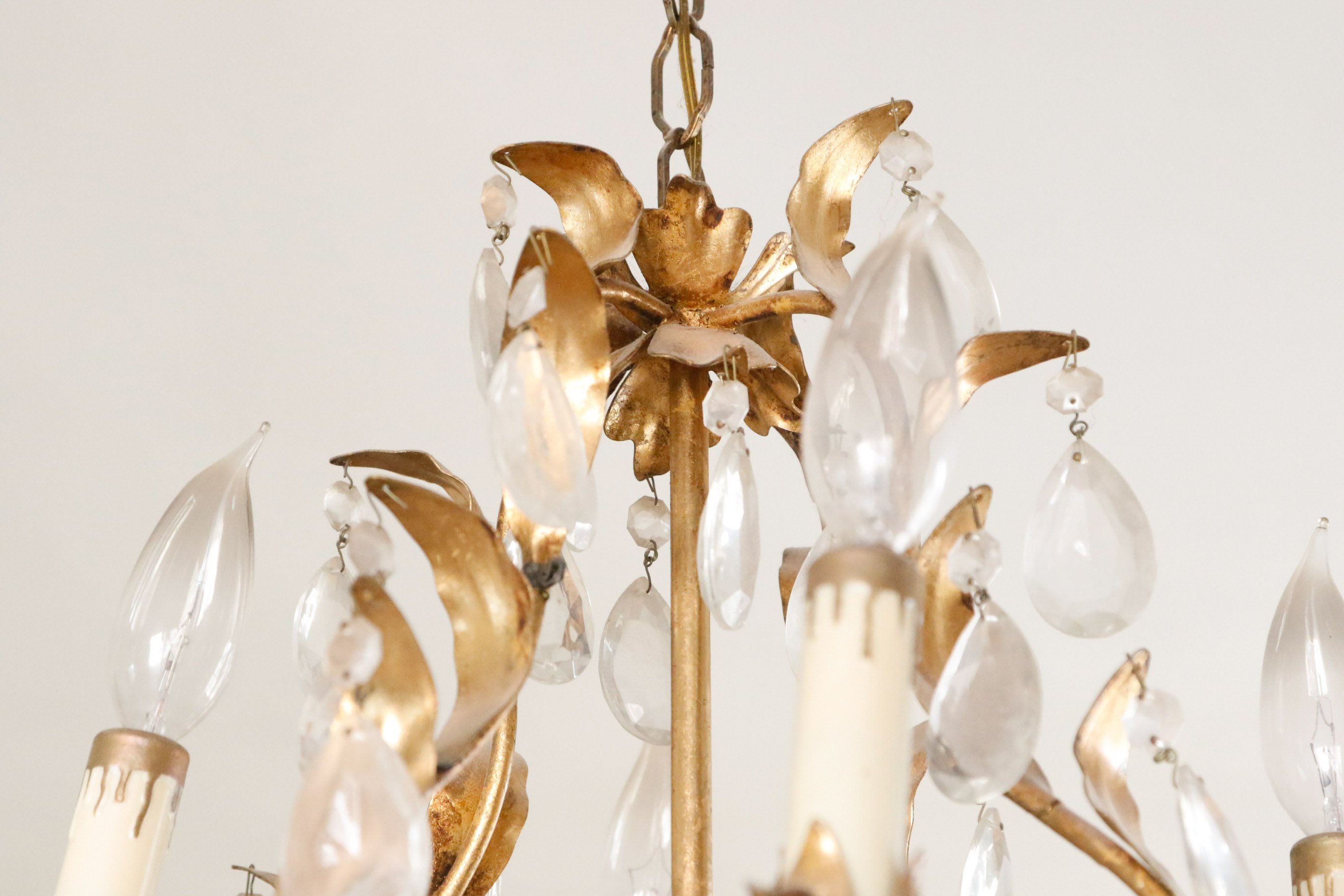 Gold Tone Foliate and Crystal Prism Chandelier