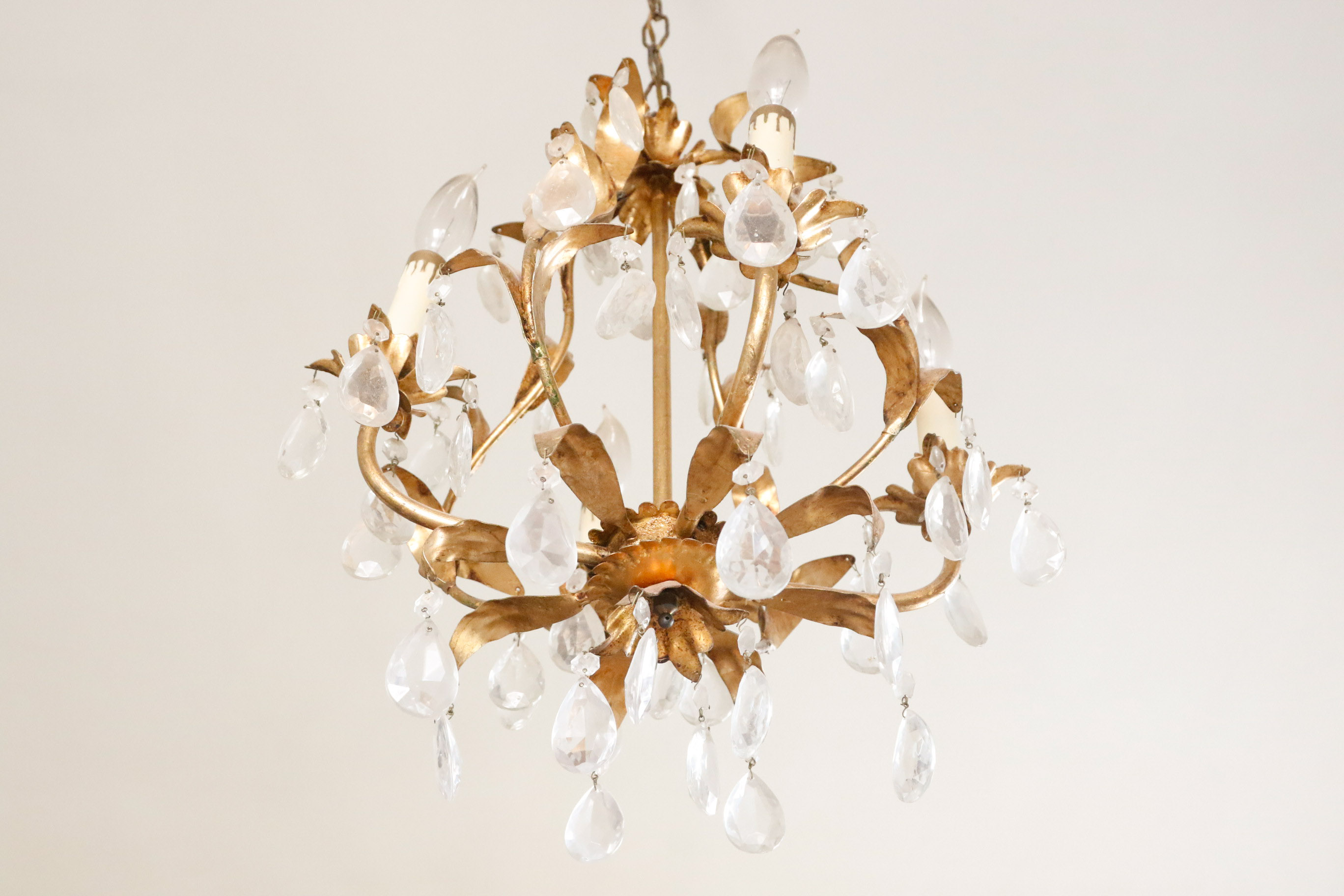 Gold Tone Foliate and Crystal Prism Chandelier