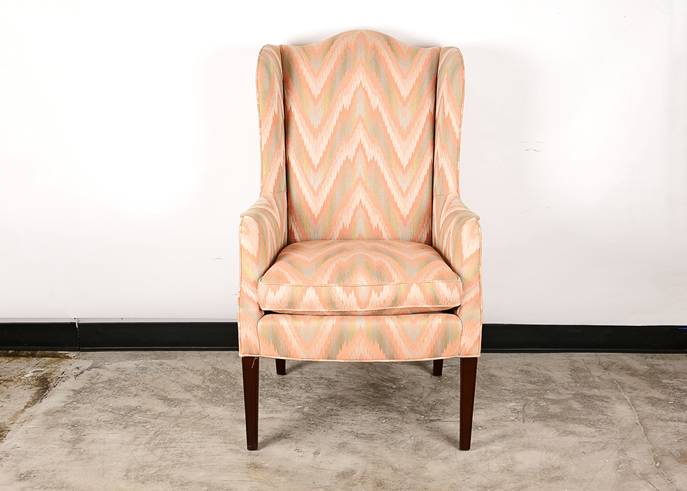 Grey and Pink Patterned Wingback Chair
