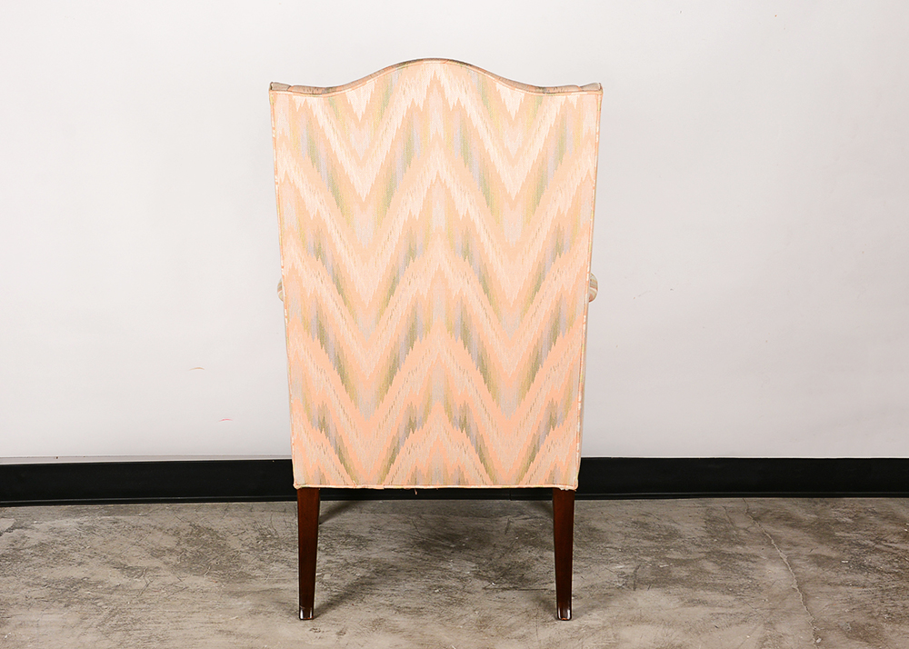 Grey and Pink Patterned Wingback Chair