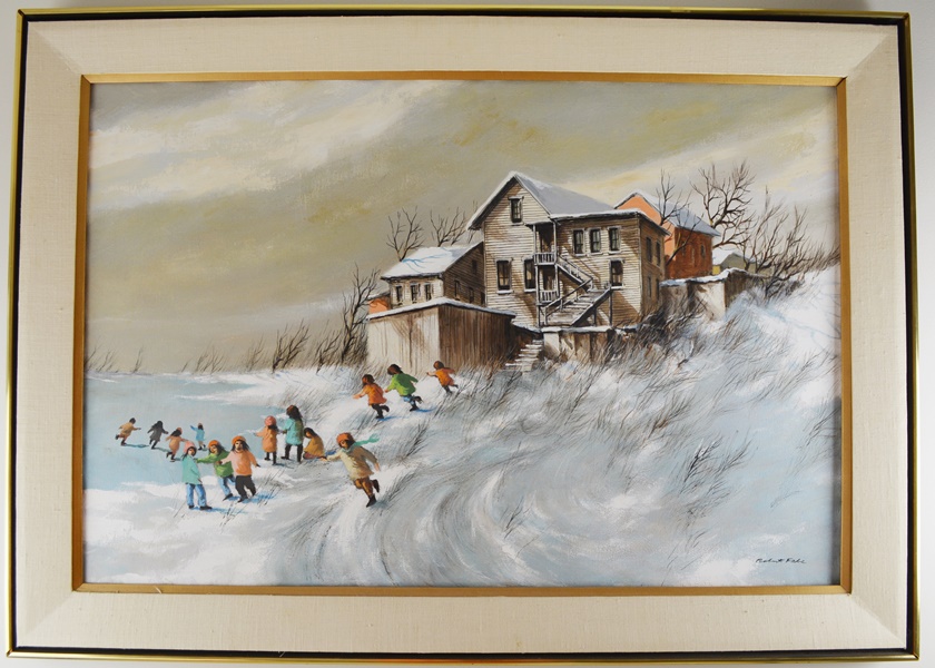 Robert Fabe Original Oil Painting Of Children Playing In the Snow