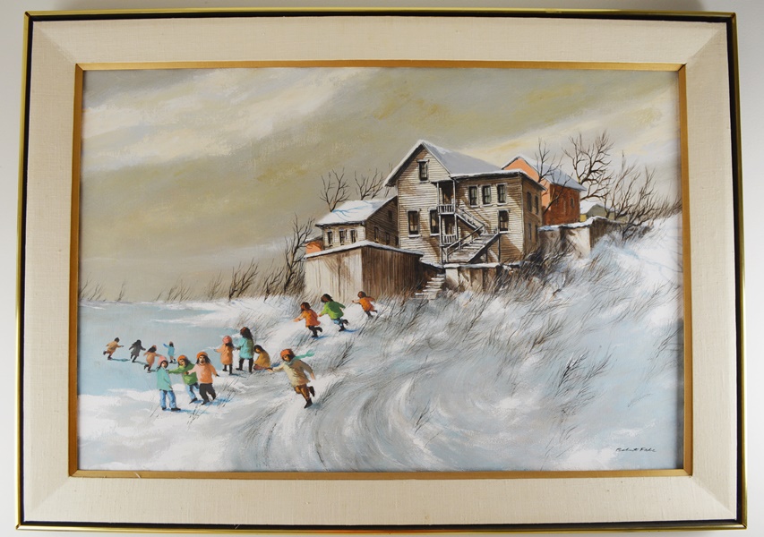 Robert Fabe Original Oil Painting Of Children Playing In the Snow