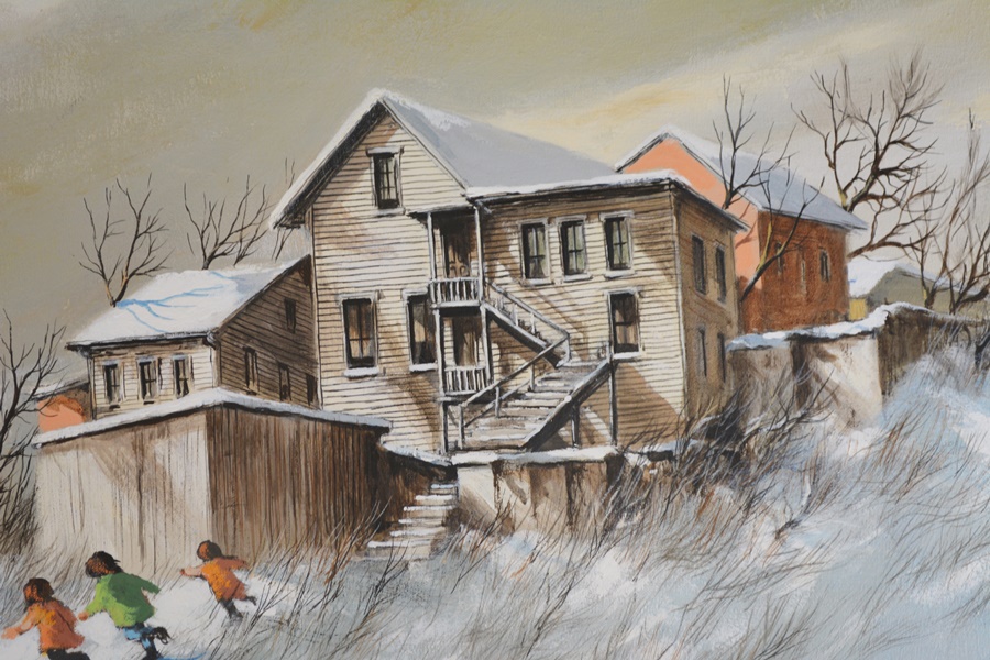 Robert Fabe Original Oil Painting Of Children Playing In the Snow