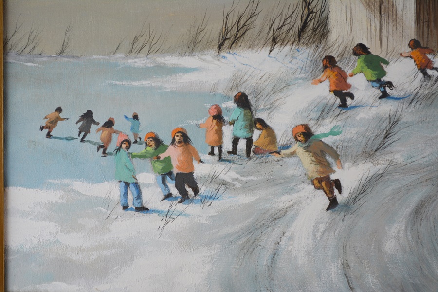 Robert Fabe Original Oil Painting Of Children Playing In the Snow