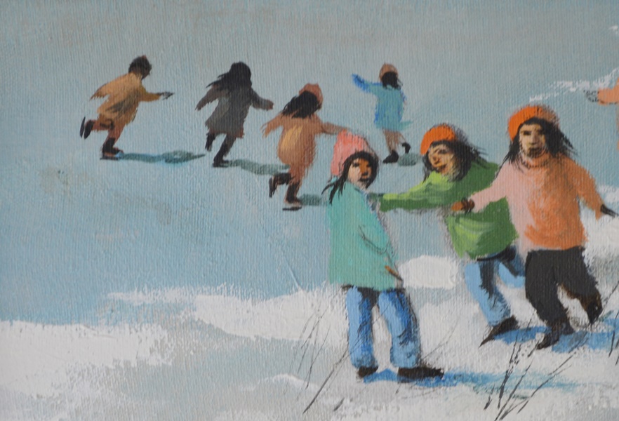 Robert Fabe Original Oil Painting Of Children Playing In the Snow