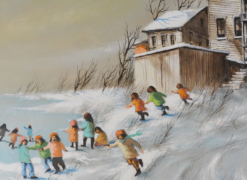 Robert Fabe Original Oil Painting Of Children Playing In the Snow