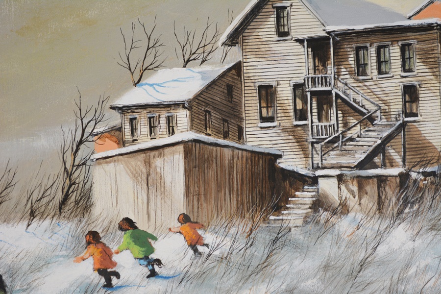 Robert Fabe Original Oil Painting Of Children Playing In the Snow