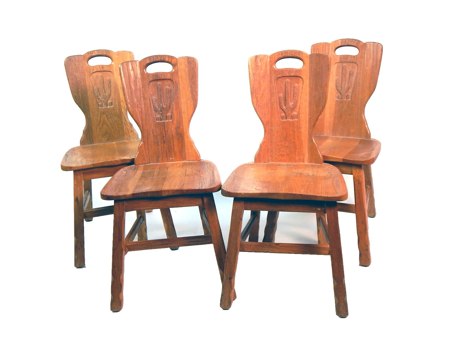 Vintage Quartet of Carved A. Brandt Ranch Oak Cactus Chairs
