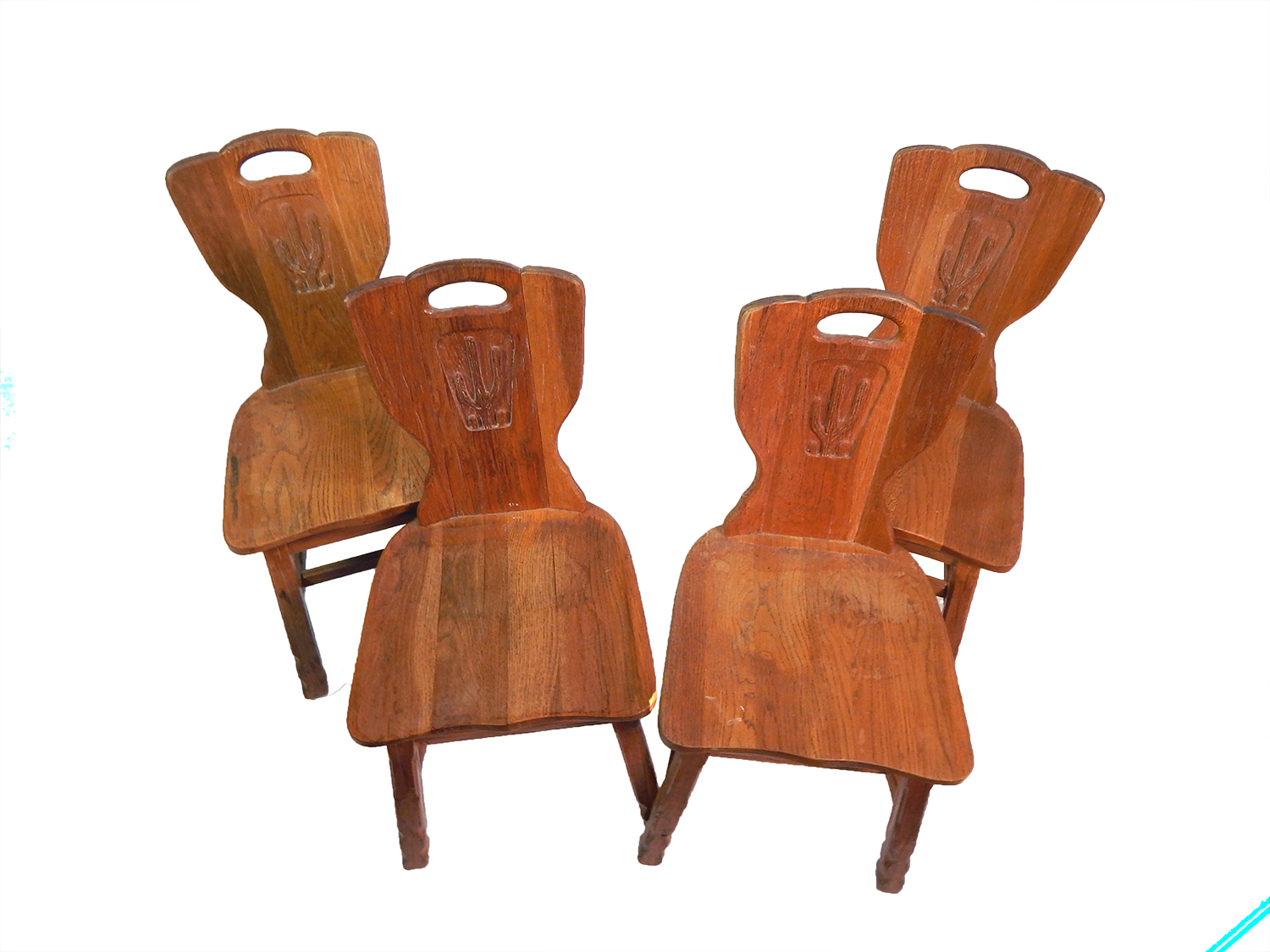 Vintage Quartet of Carved A. Brandt Ranch Oak Cactus Chairs