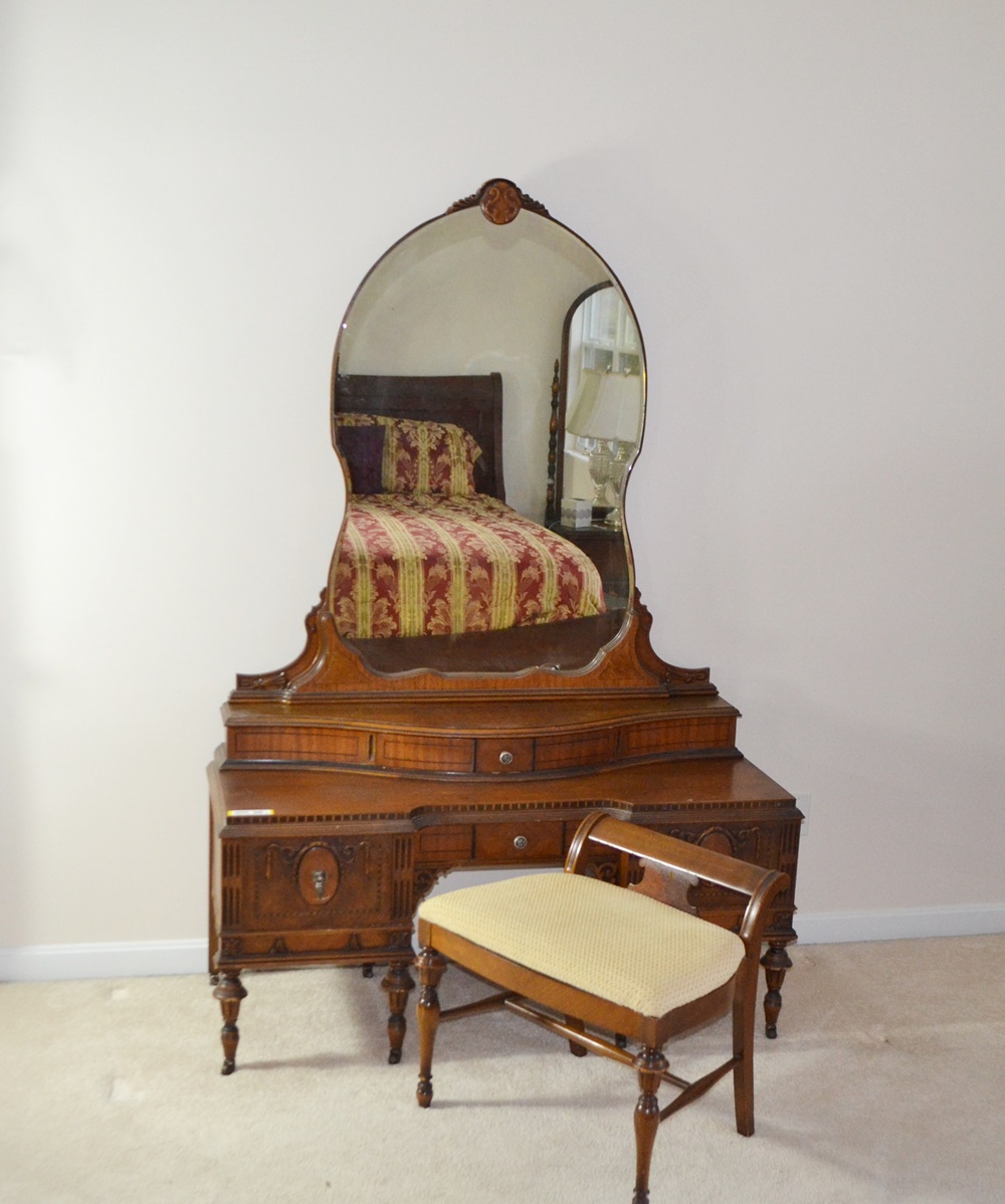Vintage 1920s- 1930's Vanity With Mirror & Bench