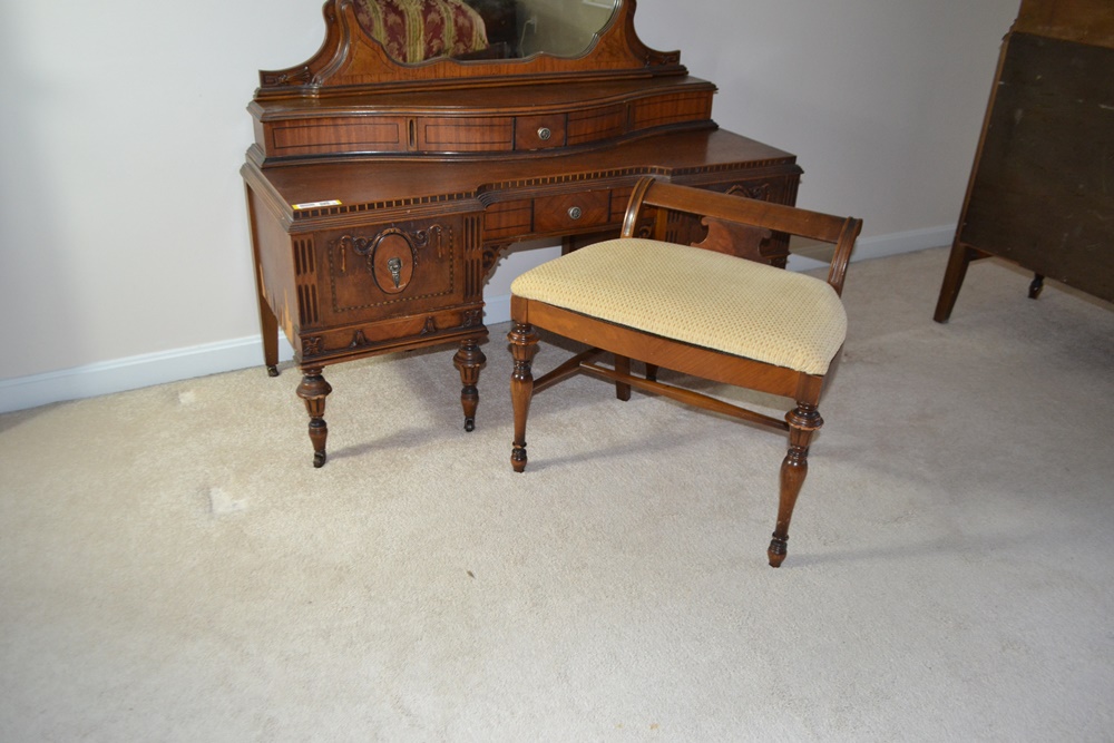 Vintage 1920s- 1930's Vanity With Mirror & Bench