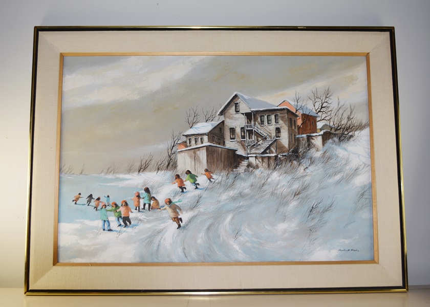 Robert Fabe Original Oil Painting Of Children Playing In the Snow