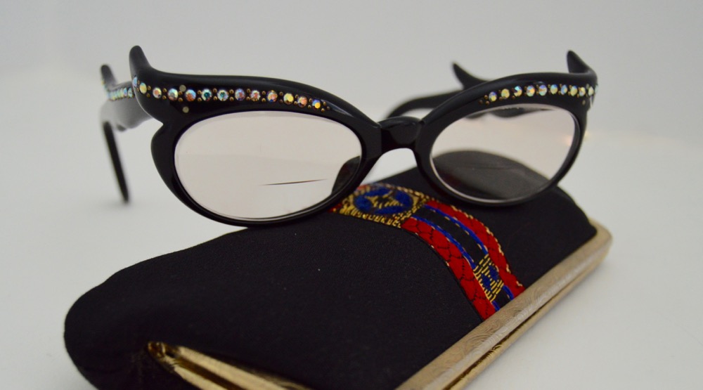 Vintage Cat Eye Glasses Black with Multi-Colored Rhinestones
