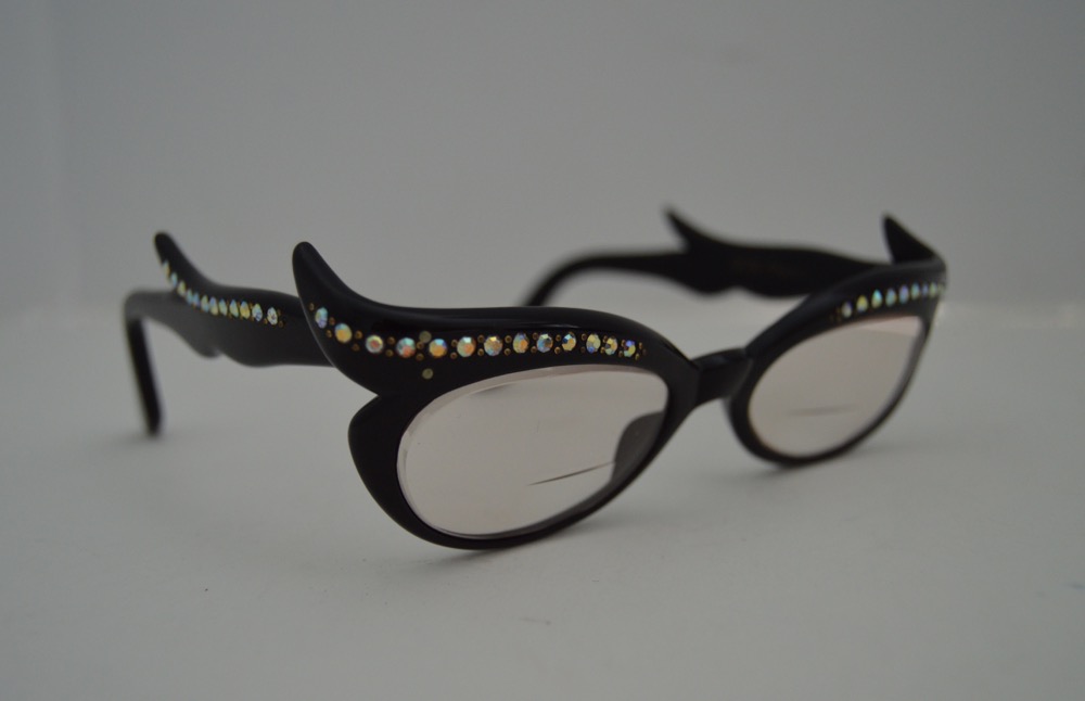 Vintage Cat Eye Glasses Black with Multi-Colored Rhinestones