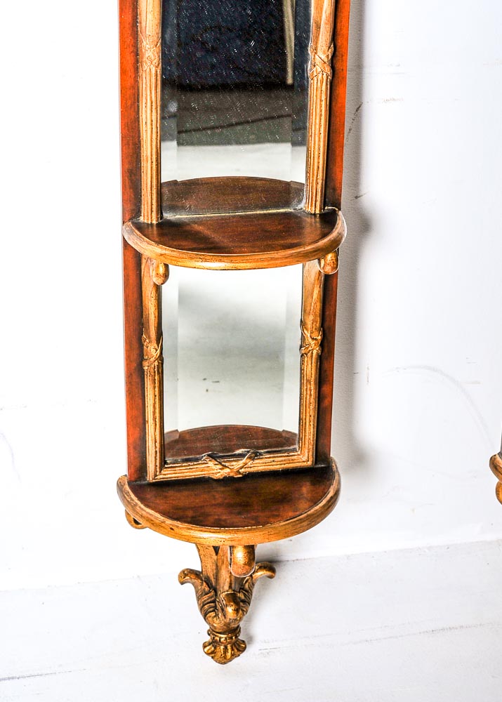 Pair of Theodore Alexander Neoclassical Mirrored Wall Shelves