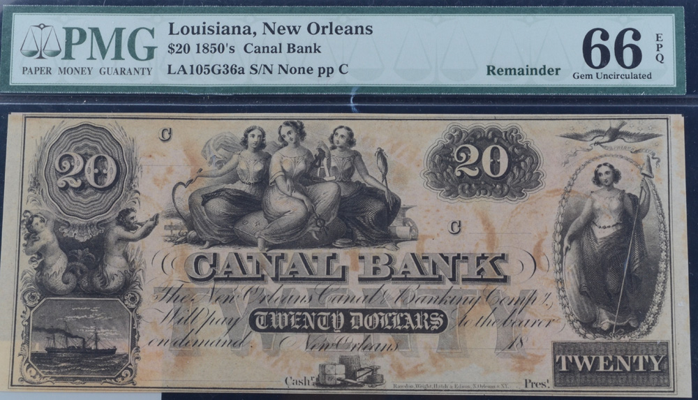 New Orleans, Louisiana $20 1850's Canal Bank Note